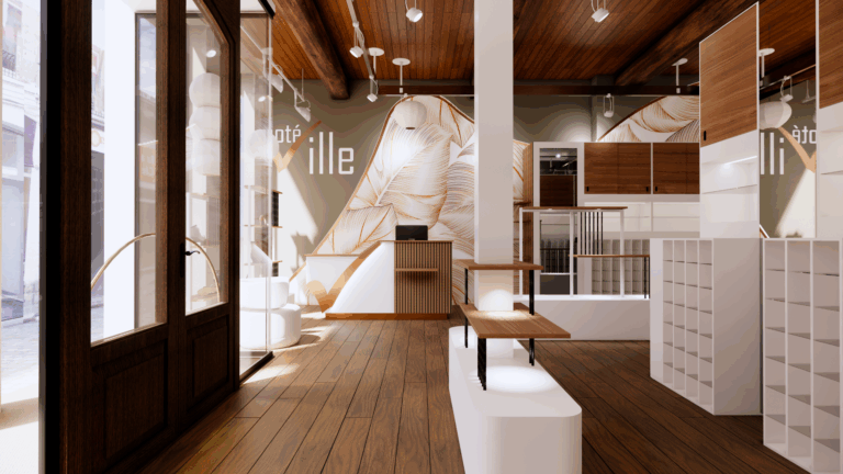 Intérieur d'un magasin de chaussures avec vue sur le comptoir